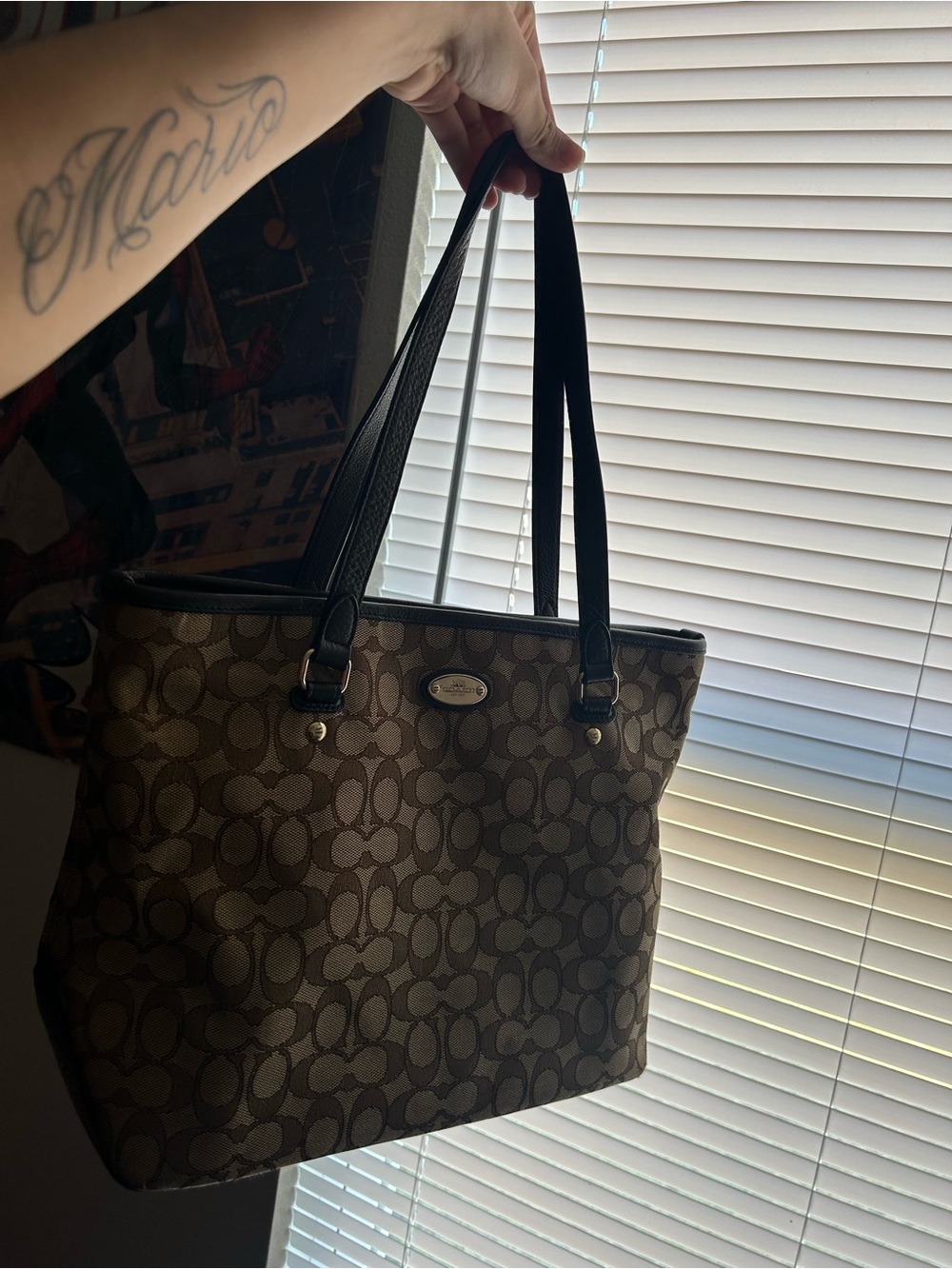 Coach Brown Signature Jacquard Tote with Black Trim
